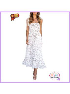 Imily Bela Womens Summer Smocked Maxi Dress Floral Boho Beach Sundress
